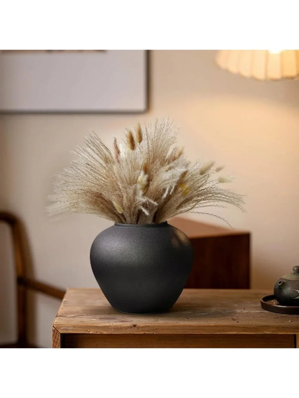7-Inch Black Ceramic Vase - Rustic Farmhouse Flower Planter for Home Decor